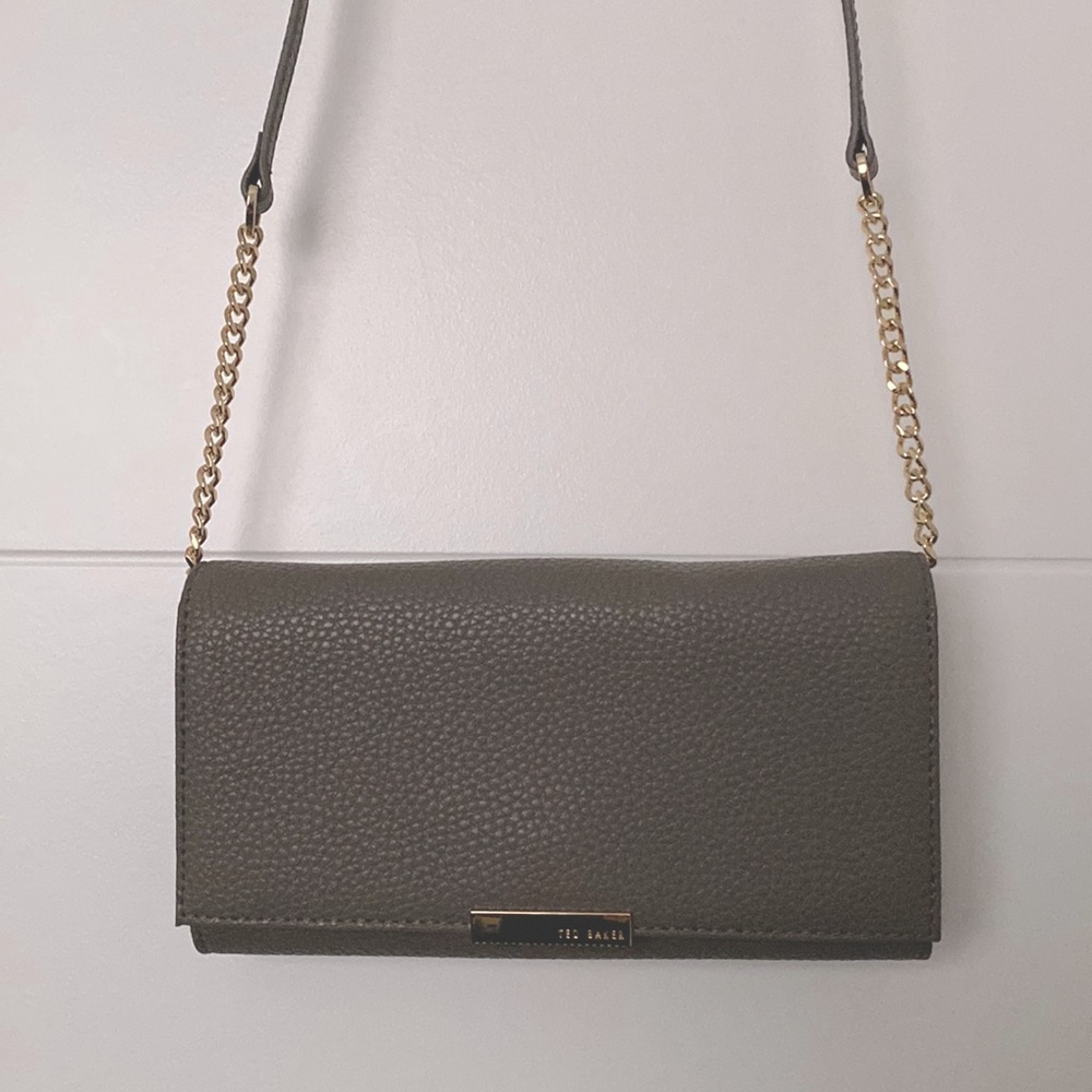 Ted Baker “Shazdeh” Leather Wallet on Chain, color gray/greige w/ gold accents